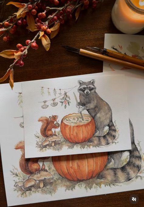 Cottage Animals, Watercolor Cottage, Watercolor Houses, Squirrel Art, Pumpkin House, Woodland Art, Cute Cottage, Watercolor Pumpkins, Watercolor Ideas