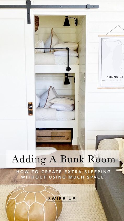 CABIN BUNK ROOM – BEFORE & AFTER – Proverbs 31 Girl Hallway Bunk Beds Built Ins, Built In Cabin Bunk Beds, Bunk Room Curtains, Grown Up Bunk Beds, Small Lake House Bedroom Ideas, Small Bunk Rooms, Camp Bunk Room, Bunk Room Dimensions, Lake House Bunk Room Ideas