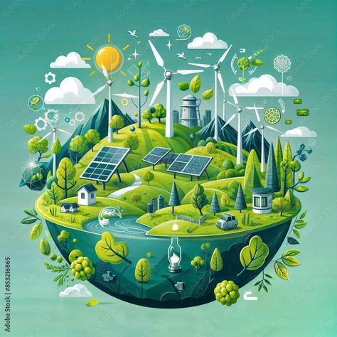 Download Environmental Conservation Graphic design featuring green landscapes and renewable energy sources, symbolizing the growth,digital illustration created with generative ai. Stock Illustration and explore similar illustrations at Adobe Stock. Sustainable Development Design, Energy Conservation Poster, Save Energy Poster, Renewable Energy Design, Sustainable Development Projects, Ecology Art, Solar Energy Design, Environmental Posters, Art Competition Ideas