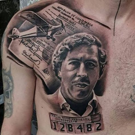 Escobar Tattoo, Realistic Tattoo Sleeve, Chest Piece Tattoos, Chest Tattoo Men, Al Capone, Pablo Escobar, Chest Piece, Chest Tattoo, Sleeve Tattoos