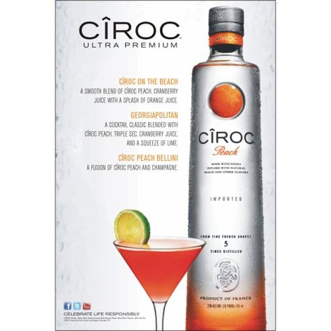 Ciroc PEACH= awesome VODKA.   CIROC the only vodka made from grapes is the fastest groing luxury vodka in world and U.S.   Here in U.S. it's growing 525% annually ! Peach Ciroc Mixed Drinks, Ciroc Peach Mixed Drinks, Ciroc Cocktails, Ciroc Drinks, Alcohol Treats, Ciroc Peach, Catawba Grapes, Mom Juice, Luxury Vodka