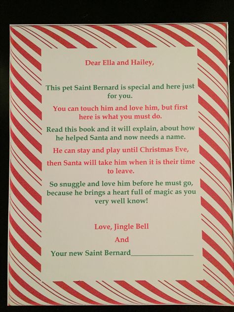 Elf on the shelf Saint Bernard welcome letter! Elf On The Shelf Pet Arrival Letter, Elf Pets Arrival Letter, Elf On Shelf Pet Arrival, Elf Pets Arrival, Reindeer Pet, Elf Shenanigans, Simple Thanksgiving Table, Elf On The Shelf Arrival, Elf Pets