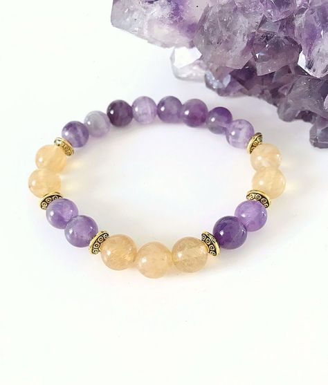 Yellow Citrine Bracelet Amethyst Bracelet Positive Energy - Etsy Calming Hobbies, Yellow Bead Bracelet, Amethyst Crystal Bracelet, Purple Gemstones, Amethyst And Citrine, Bracelets Beads, Healing Gemstone Bracelets, Citrine Bracelet, Spiritual Cleansing