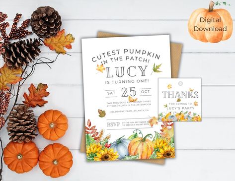 Simple & Sweet First Birthday Invitation "Cutest Pumpkin in the Patch" with Thank You Tag included for your gift bag.  This is a Digital Download. Welcome To Our Pumpkin Patch, Patch Party, Pumpkin Patch Party, Cutest Pumpkin In The Patch, Carton Invitation, Let The Fun Begin, Pumpkin Theme, Invitation Sizes, Thank You Tags