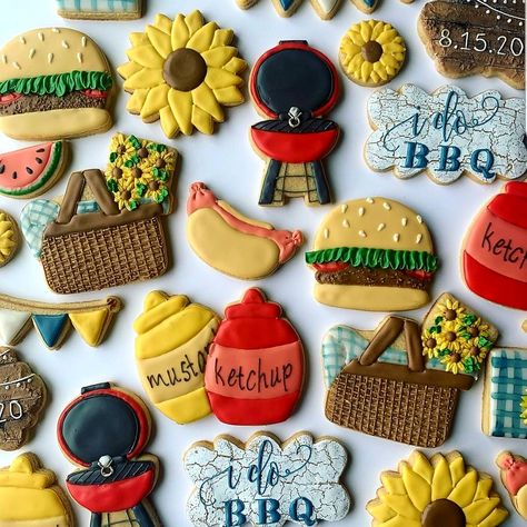 I Do Bbq Cookies Decorated, Picnic Cookies Decorated, I Do Bbq Cookies, Bbq Cookies, Engagement Bbq, Summer Sugar Cookies, Professional Cakes, Sunflower Cookies, Wedding Shower Cookies