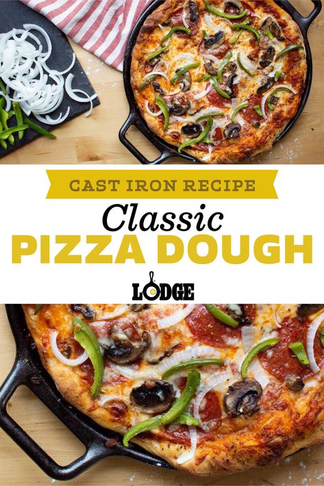 Cast Iron Pizza Crust, Pizza Dough Recipe Cast Iron Skillet, Deep Dish Cast Iron Pizza, Pan Pizza Cast Iron, Cast Iron Pizza With Store Bought Dough, Cast Iron Pizza Dough Recipe, Cast Iron Pizza Dough, Deep Dish Pizza Cast Iron, Cast Iron Pan Recipes