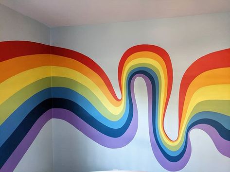 Abstract Rainbow Wall Mural, Simple Wall Murals Diy Paint Hand, Paint Squiggle Wall, Pride Window Art, Fun Mural Ideas, Hallway Wall Design, Wall Design Ideas Creative, Rainbow Hallway, Rainbow Wall Paint