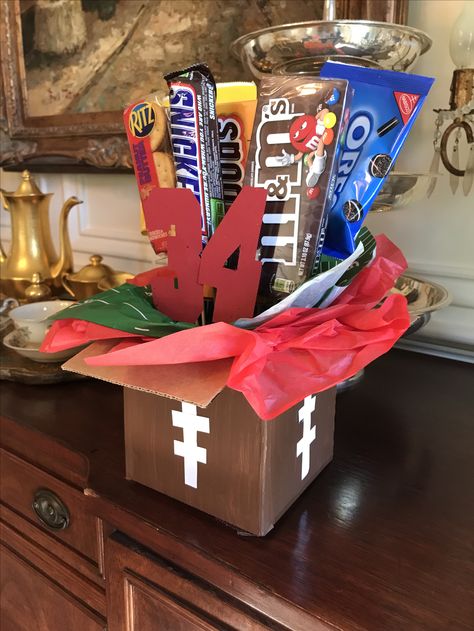 Football Player Gift Gifts For Boyfriend Football, Football Goody Bags, Football Boyfriend Gifts, Football Game Gift, Football Gift Baskets, Senior Night Football, Football Presents, Football Treats, Football Player Gifts