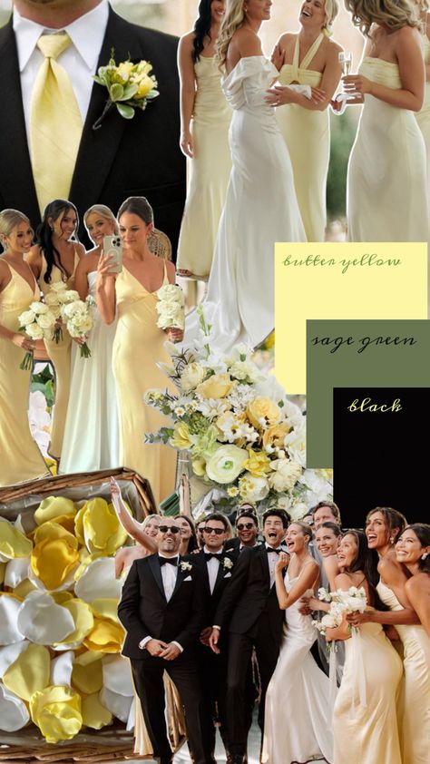 yellow green and black wedding color scheme. pale yellow, sage green, and black Yellow And Tan Wedding, Pale Yellow And Sage Green Wedding Theme, Fall Wedding Colors Yellow, Pale Yellow Bridal Party, Spring Wedding Colors Yellow, Sage Green And Yellow Wedding Theme, Green Yellow Blue Wedding, Butter Yellow Wedding Theme, Bridesmaid Themes Color Schemes