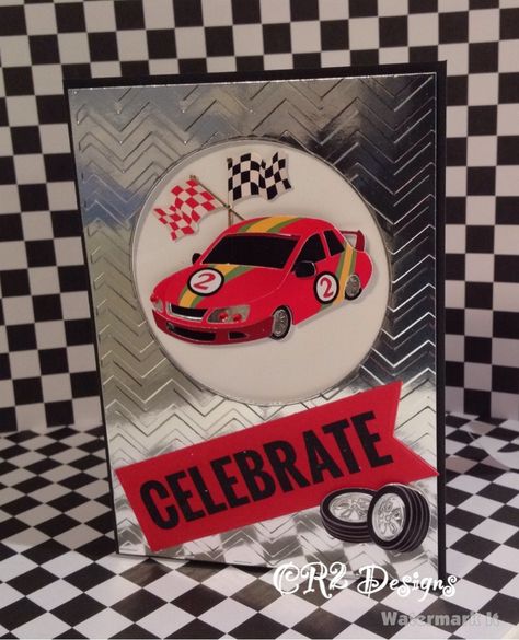 Masculine birthday card using the Celebrate stamp set by MFT, embossing folder by Darice, dimensional race car sticker by Paper Studio. Race Car Stickers, Man Cards, Guy Cards, Cars Party, Handmade Card Making, Masculine Birthday Cards, Masculine Cards, Card Layout, Racing Car