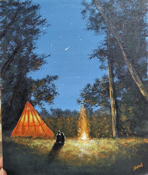 Camping Scene Painting, Scene Couple, Couple Camping, Night Camping, Couples Canvas, Couple Painting, Family Painting, Holiday Painting, Forest Painting