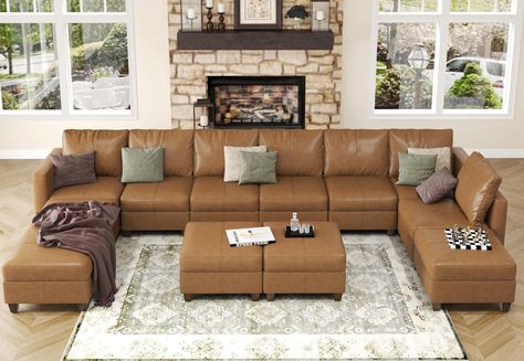 PRICES MAY VARY. Easy to Clean Faux Leather Modular Sofa:The color of this modular couch is beautiful and goes with a variety of home decor styles.It is easy to dust and messes are super easy to clean,you just wipe it up with a paper towel and it came right off. Versatility&Functionality: This great modular couch is easily rearranged.The options are endless like cozy U shape sofa,L shape sofa,sleeper sofa or sectional sleeper sofa for your guests and so on.The ottoman and seats are the same and Comfortable Sectional Sofa Living Room, Modern Farmhouse Leather Couch, U Shaped Leather Sectional, Camel Leather Couch Living Room, U Shaped Couch Living Room, Cream Leather Sectional, U Shape Couch, Comfortable Leather Couch, Camel Sofa