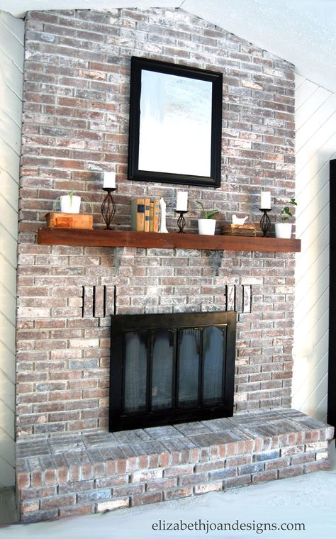 Whitewashed Brick Fireplace, Modern Brick Fireplace, Brick Fireplace Mantles, Brick Fireplace Decor, White Wash Fireplace, Stained Brick, Whitewashed Brick, White Wash Brick Fireplace, Fall Window Boxes