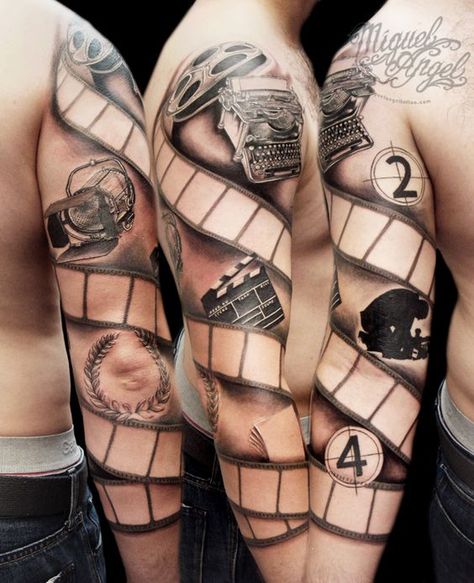 Sleeve Tattoo film reel tattoo which leaves spaces to add his favourite movie posters or similar. love it!: Camera Tattoos, Movie Tattoo, Movie Tattoos, Camera Tattoo, Amazing Tattoos, Theme Tattoo, Tattoos Geometric, Tattoos Skull, 3d Tattoos