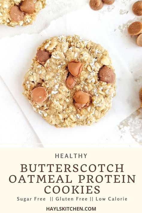 Oatmeal Protein Cookies, Butterscotch Oatmeal, Butterscotch Cookies Recipes, Oatmeal Butterscotch, Oatmeal Scotchies, Butterscotch Recipes, High Protein Cheesecake, Oatmeal Butterscotch Cookies, Baking With Protein Powder