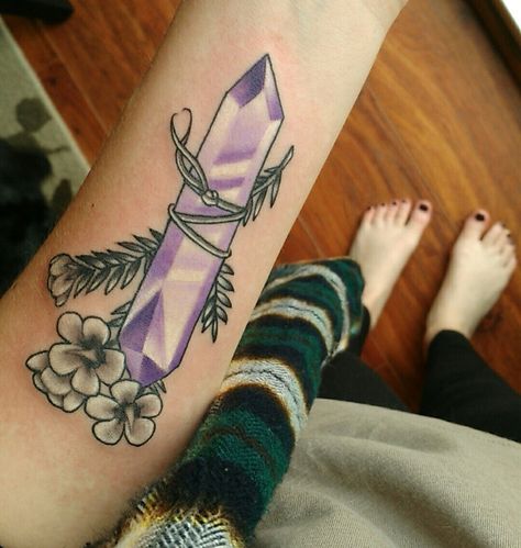 my favorite color is amethyst ∆ . . . .  #tattoo #purple #amethyst #amethysttattoo #ink #flowertattoo #waxflowers #purpletattoo #forearmtattoo #armtattoo Amythest Tattoo Ideas, Crystal Forearm Tattoo, Amethyst Crystal Tattoo, Crystal Tattoo Color, Amethyst Crystal Tattoo Ideas, Amethyst Tattoo, Desert Reference, Europe Tattoo, Neotraditional Crystal Tattoo