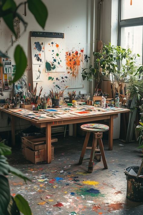 Art Studio At Home Basement, Art Studio Vision Board, Spare Room Art Studio, Art Studio Messy, Art Atelier Aesthetic, Artist Workspace Aesthetic, Art Office Studio, Artist Studio Workspaces, Art Workshop Ideas