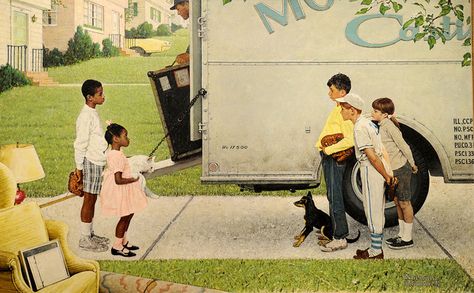 New Kids in the Neighborhood, 1967, Norman Rockwell. MFA, Boston Norman Rockwell Prints, Norman Rockwell Art, Rockwell Paintings, Norman Rockwell Paintings, New Neighbors, Norman Rockwell, The Neighborhood, Civil Rights, American Artists