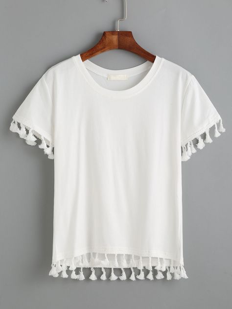 Shop White Tassel Trim T-shirt online. SheIn offers White Tassel Trim T-shirt & more to fit your fashionable needs. Lazy Girl Outfits, Stylish Closet, White Tassel, Bohol, Fashion Project, Women Best, Women T Shirts, Basic Tees, Diy Clothes