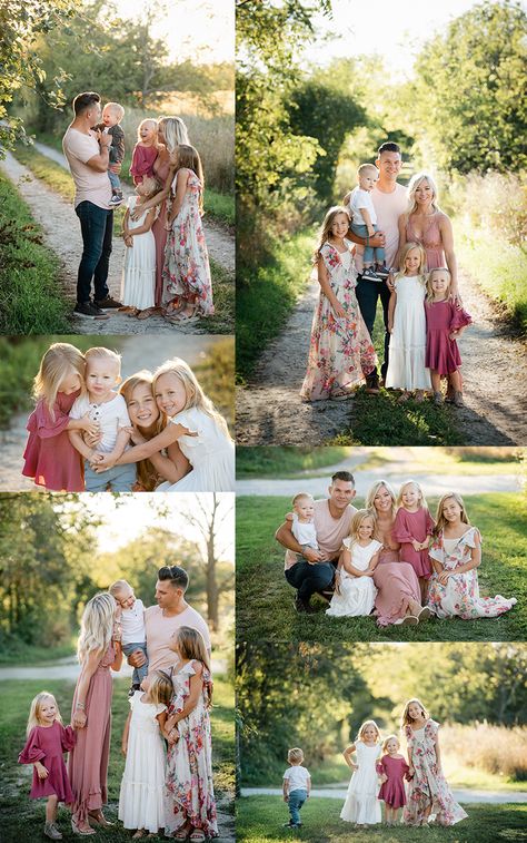 TriCities St. Charles, Geneva, Batavia, Family Photographer | Kathy Santelli | family poses, photo styling, natural portraits, family photography, golden hour, location ideas, posing ideas, dress, family of 6, family posing ideas, joyfolie dress Trending Family Pictures, Cute Summer Family Picture Outfits, Family Photos With Floral Dress, Spring Family Picture Color Scheme, Floral Family Pictures Outfits, May Family Pictures, Springtime Family Photo Outfits, Summer Colors For Family Pictures, Pastel Family Photoshoot