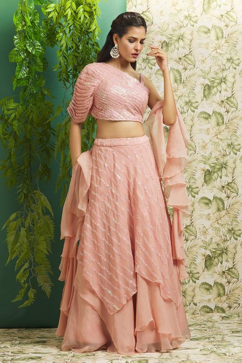 Ruffle Dupatta, Organza Lehenga, Pleated Drapes, Embroidered Lehenga, Drape Sleeves, Floral Stripe, Striped Blouse, Set For Women, Wedding Guest Outfit