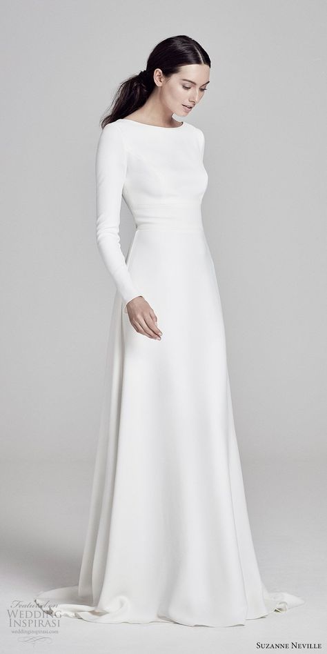 suzanne neville bridal 2019 long sleees jewel neck minimal a line wedding dress (adair) chic modern keyhole back sweep train mv -- Suzanne Neville 2019 Wedding Dresses | Wedding Inspirasi  #wedding #weddings #bridal #weddingdress #weddingdresses #bride #fashion #label:SuzanneNeville #uk #week:342018 #year:2019 ~ Wedding Dress Winter, Sukienki Maksi, Long Sleeve Bridal Dresses, Suzanne Neville, Floor Length Wedding Dress, Fitted Wedding Dress, Long White Dress, Modest Wedding, Satin Wedding Dress