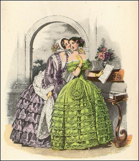 1850 victorian day dress and evening dress Victorian Fashion Plates, 1820s Fashion, Sapphic Art, 1850s Fashion, Victorian Gown, Victorian Era Fashion, Victorian Dresses, Victorian Ladies, 19th Century Fashion