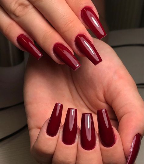 Red Nail Square Designs, Cherry Red Nails Coffin, Plain Red Nails Acrylic, Nails For October 2024, Blood Red Nails Acrylic, Dark Red Square Acrylic Nails, Dark Red Coffin Acrylic Nails, Red Nails Coffin Shape, Long Dark Red Nails