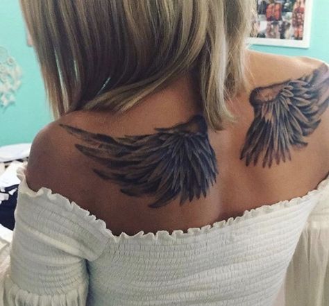 Wings Tattoo Shoulder Women, Angel Wings Tattoo On Chest Women, Wing Shoulder Tattoo Women, Angel Tattoo On Back For Women, Angle Wing Tattoos Back, Bird Wing Tattoo Back, Back Tattoo Women Angel Wings, Wing Tattoo Women Back, Wing Tattoos On Back Women