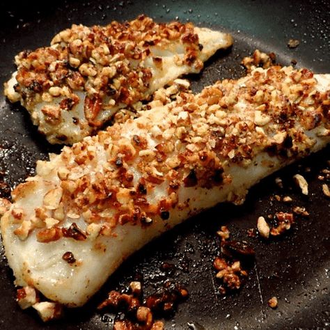 Pecan Crusted Cod Crusted Cod Baked, Tuna Loaf, Cod Baked, Tilapia Dishes, Pesto Chicken Salad, Basil Pesto Chicken, Crusted Cod, Almond Crust, Cod Fish Recipes