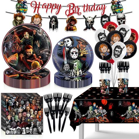 PRICES MAY VARY. Unique Design: Our Halloween party supplies set is design inspired by classic horror characters, Patterns element Combined with Multiple horror killers characters. This Halloween party tableware is specially designed for Fans of horror themes.If you and your family or friends are big fans of horror theme, then this horror birthday decorations are perfect for you, dress up as characters from the film and enjoy this unique party. Package Includes: There are a total of 114pcs horro Scary Movie Birthday Party Ideas, Horror Themed Birthday Party, Horror Birthday Party, Tyler Birthday, Halloween Birthday Decorations, Horror Killers, Horror Birthday, Horror Themed Party, 12 Balloons