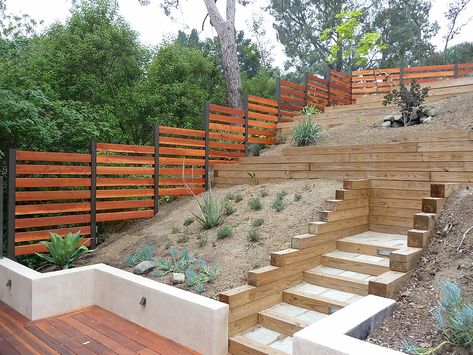 Hillside Redwood fence | tkostructure Fence On A Hillside, Fencing On A Hill, Fencing Ideas For Sloped Yard, Sloped Fence Ideas, Fence On A Hill, Hillside Fence, Steep Backyard, Backyard Hill Landscaping, Steep Gardens