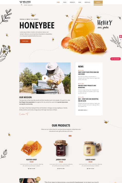 The "Mellifera" WordPress theme is a beekeeping and honey shop theme designed for creating websites related to beekeeping, honey production, and related products. It offers a range of features and customization options to showcase your products, educate visitors about beekeeping, and promote your business. Honey Website Design, Honey Products Ideas, Bee Honey Design, Honey Branding, Honey Production, Honey Label Design, Honey Store, Creating Websites, Types Of Honey