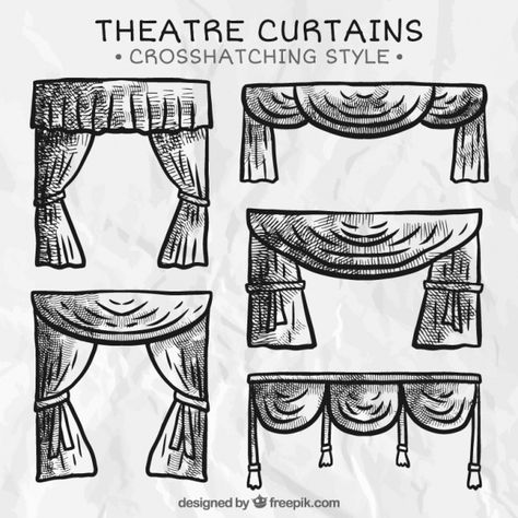 Theater curtains in cross hatching style... | Premium Vector #Freepik #vector #hand Diy Movie Room, Theatre Drawing, Theater Curtains, Home Theater Curtains, Curtains Vector, Curtain Drawing, Theatre Curtains, Stage Curtains, Cozy Interior Design