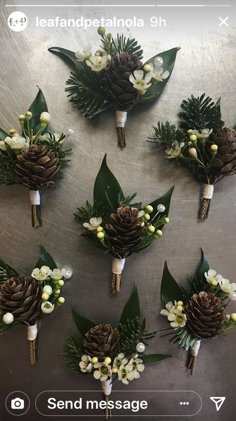 Forest Boutonniere, Woodland Wedding Bouquet, Wedding Theme Color Schemes, Green Wedding Bouquet, Winter Wedding Bouquet, Practical Wedding, Woodsy Wedding, Winter Wedding Invitations, Wedding Floral Centerpieces