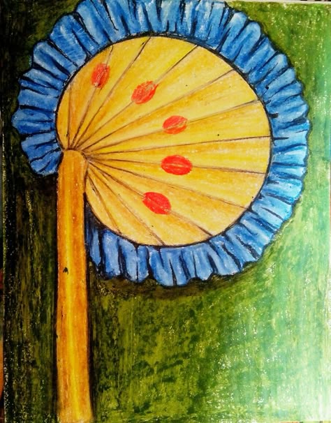 Hand fan Drawing For Small Kids, Landscape For Kids, Drawing For Students, Objects Drawing, Beautiful Scenery Drawing, Fan Language, Drawing Pictures For Kids, Scenery Drawing For Kids, Oil Pastel Techniques