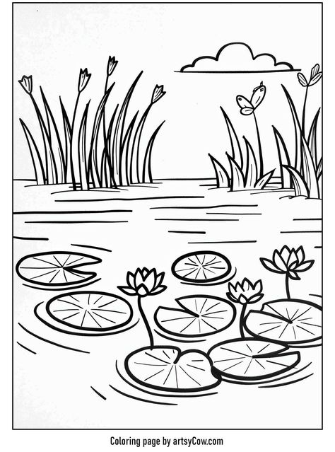 serene pond, lilies, and playful dragonfly Woodburning Ideas, Coloring Pages Nature, Pond Ideas, Forest Path, Easy Coloring Pages, Sunny Beach, Marker Drawing, Nature Themed, Mountain Landscape