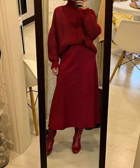 red skirt, red boots, red outfit Red Velvet Skirt Outfit Winter, Red Dress Outfit Winter Christmas, Red Maxi Skirt Outfit Winter, Silk Red Skirt Outfit, Red Silk Skirt Outfit Winter, Long Red Skirt Outfit Aesthetic, Christmas Modest Outfits, Long Red Skirt Outfit Winter, Long Plaid Skirt Outfit Winter