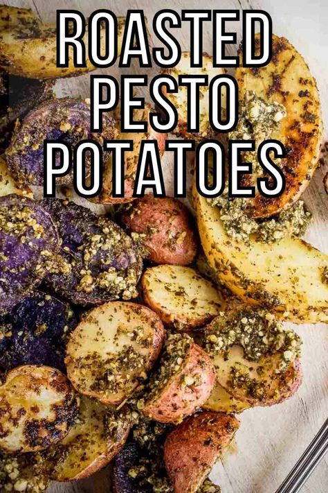 You’ll love these easy Roasted Pesto Potatoes! This recipe yields crispy and tender roasted potatoes with lots of flavor for the best simple side dish on a busy weeknight. These potatoes are tossed in a delicious fresh basil pesto, then roasted to golden perfection. The addition of lemon brightens up and balances the distinct flavors! #roastedpestopotatoes #ovenroastedpotatoes #potatorecipes #potatosidedishes #dizzybusyandhungry Pesto Baked Potato, Pesto Potatoes Roasted, Small Potatoes Recipe, Boiled Red Potatoes, Fresh Basil Pesto, Creamer Potatoes, Chicken Potato Bake, Pesto Potatoes, Red Pesto