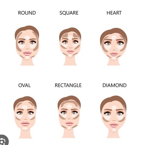 Visual Guide For Contouring Round, Square, Heart, Oval, Rectangle, And Diamond Face Shapes. Perfect For Makeup Enthusiasts. Round Face Counter, Makeup Look For Oval Face, How To Contour Oblong Face, Contour For Big Cheeks, Makeup Ideas For Oval Face, Makeup Styles For Round Faces, Face Shape Makeup Guide, Save Or Splurge Makeup, Oval Contouring Makeup