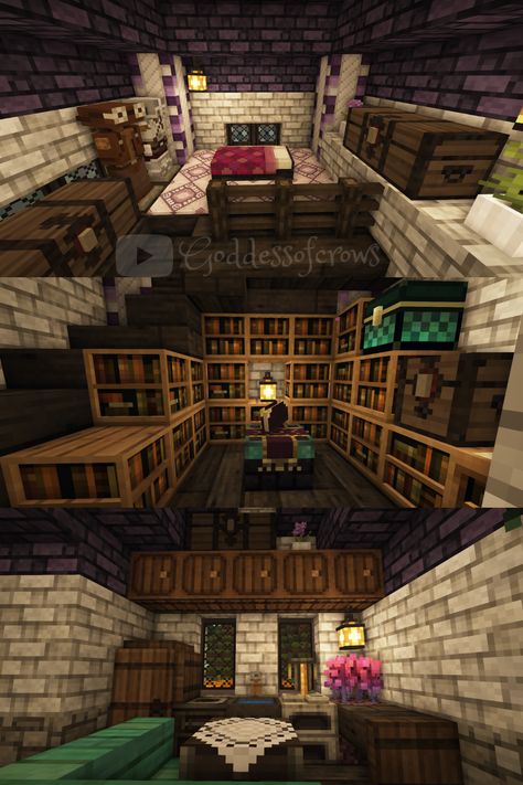 How to build a fantasy inspired Witch House in Minecraft. Full tutorial on Youtube! Witch House Minecraft Interior, Cute Witchy Minecraft Builds, Minecraft Witch Interior Design, Witch Room Minecraft, Minecraft Witch Interior, Minecraft Witch Builds, Witch House Ideas, Minecraft Witch House Interior, Minecraft Witch Tower