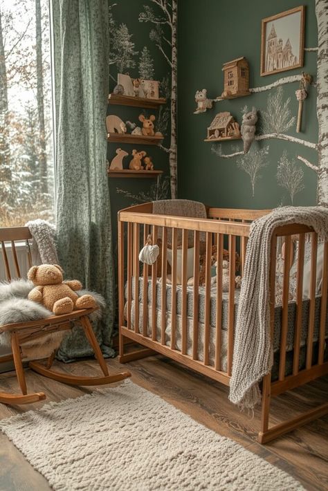 Enchanted Woodland Nursery Treehouse Nursery Theme, Magic Forest Nursery Theme, Forbidden Forest Nursery, Woodland Nursery Inspiration, Woodland Nursery Accent Wall, Gender Neutral Forest Nursery, Sage Woodland Nursery, Whimsical Gender Neutral Nursery, Relaxing Nursery Ideas