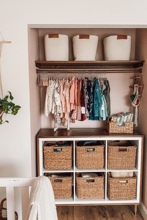 best nursery closet ideas 2022 Boho Nursery Closet, Baby Nursery Closet, Nursery Closet Organization, Baby Closet Organization, Baby Nursery Inspiration, Baby Taylor, Baby Room Organization, Baby Barn, Nursery Closet