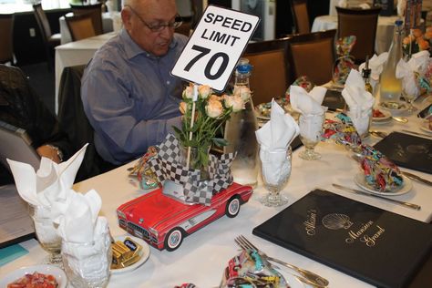 Sports Car Centerpiece, Classic Car Centerpieces, Muscle Car Themed Birthday Party, Car Theme Centerpieces, Classic Car 70th Birthday Party, Hot Rod Party Ideas, Classic Car Birthday Party Decorations, Classic Car Centerpieces Ideas, Classic Car Party Theme