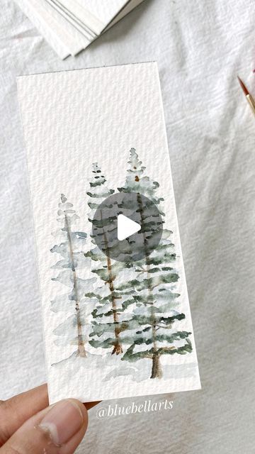 Snowy Tree Watercolor, Easy Robin Painting, Easy Watercolor Pine Trees, Evergreen Watercolor Painting, Pine Trees Watercolor Painting, Watercolor Art Pine Trees, How To Paint Pine Trees In Watercolor, Birch Tree Watercolor Tutorial, Christmas Watercolor Cards Easy