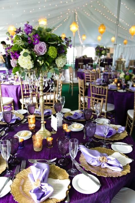 Wedding Goals Dreams, Tangled Quince, White Mountain Wedding, Purple Table Settings, Purple Decorations, Purple Birthday Party, Purple And Gold Wedding, Christmas Advent Wreath, Event Planning Decorations