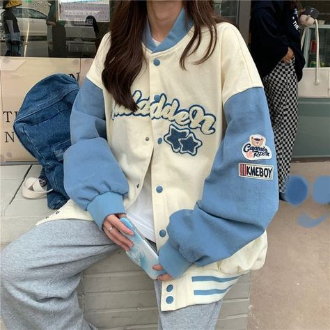 Luna Rouge - Applique Baseball Jacket Pastel Varsity Jacket, Cute Jackets Aesthetic, Blue Jacket Aesthetic, Varsity Jacket Outfit Aesthetic, Varsity Jacket Design, Pink Color Combination, Long Sleeve Design, Baseball Varsity Jacket, Cute Jackets