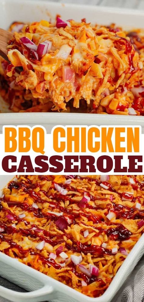 BBQ Chicken Casserole is a hearty dish loaded with egg noodles, shredded rotisserie chicken, diced red onions, corn, cream of chicken soup, barbecue sauce, cheese and French's crispy fried onions. Bbq Chicken Casserole, Hamburger Casseroles, Chicken And Egg Noodles, Corn Cream, Casseroles Recipes, Shredded Rotisserie Chicken, Crispy Fried Onions, Recipes Using Rotisserie Chicken, Shredded Chicken Recipes