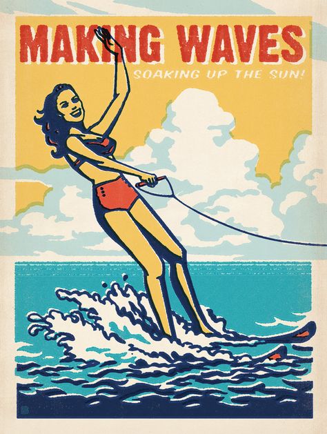 Skiing Girl, Lake Illustration, Waves Poster, Water Ski, Anderson Design Group, Wave Poster, Ski Girl, Group Art, Unique Poster