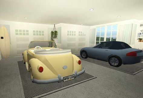 Roblox Garage Ideas, Garage Ideas Bloxburg, Coastal Garage, Bloxburg Garage Ideas, Bloxburg Coastal House, Bloxburg Garage, Garage Bloxburg, Farmhouse Bloxburg, Interior Bloxburg